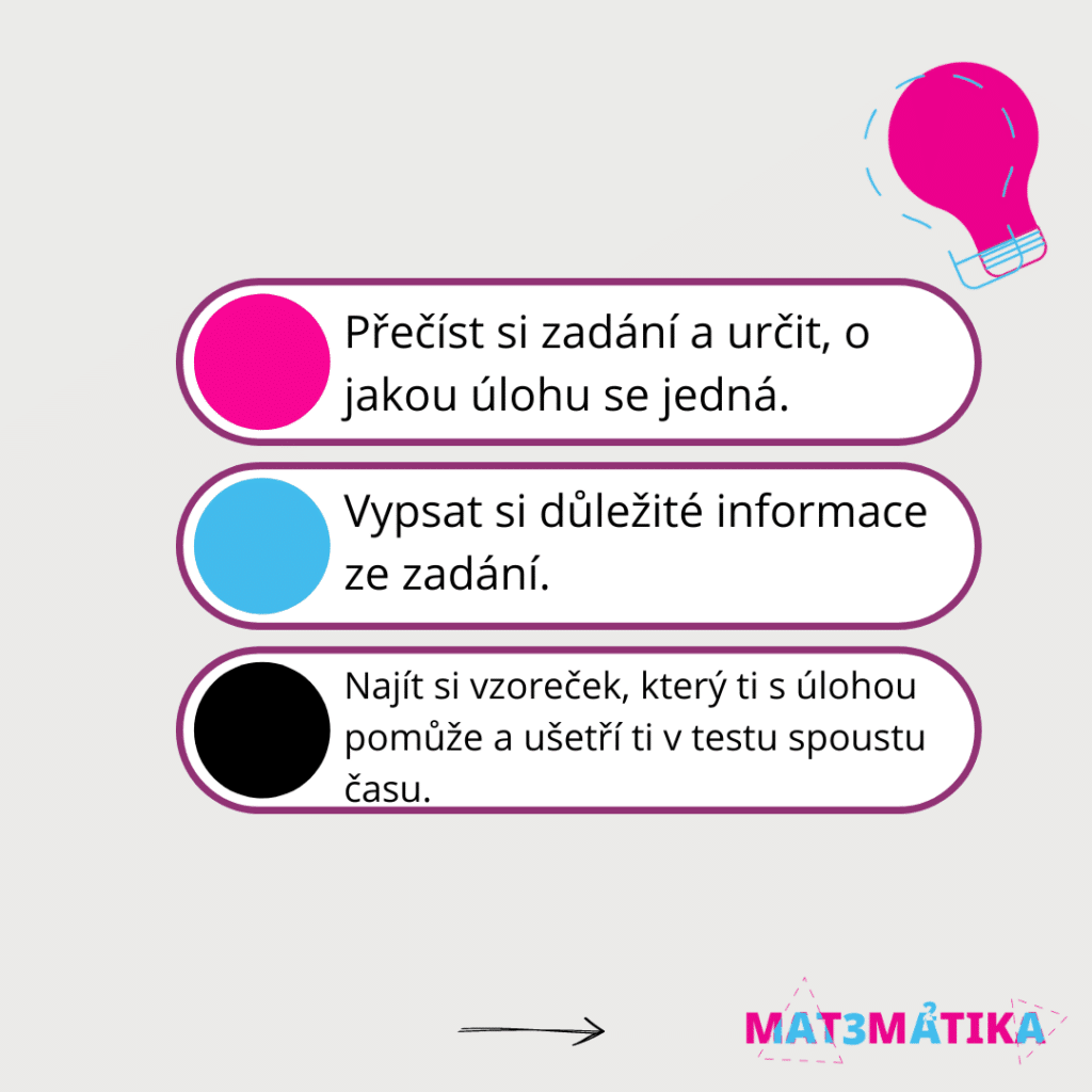 Úloha z maturity z matematiky: Aritmetická posloupnost. Jak si poradit s touto úlohou.

Přečíst si zadání a určit, o jakou úlohu se jedná.

Vypsat si důležité informace ze zadání.

Najít si vzoreček, který ti s úlohou pomůže a ušetří ti v ostrém testu spoustu času.